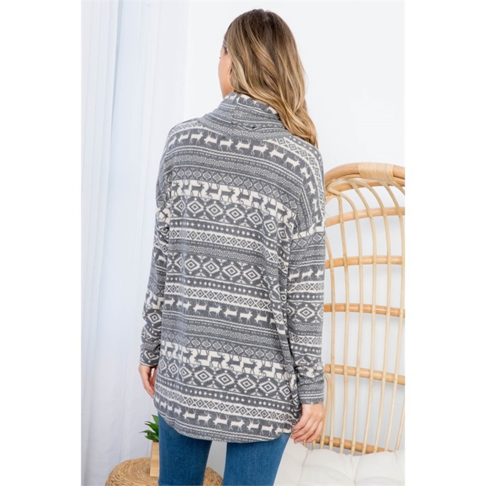 Reindeer Print Long Sleeve Tunic Cowl Neck Front knot top - Picture 5 of 11